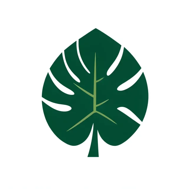 Bold stylized monstera leaf logo in deep emerald green with negative-space veins on white