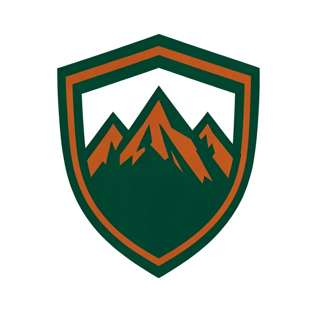 Bold mountain peaks inside a shield badge in pine green and burnt orange on white background