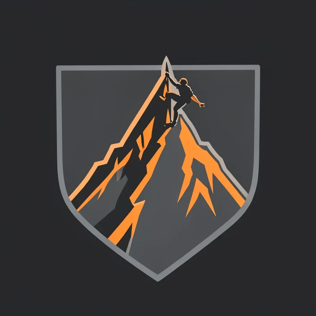 Bold rock climbing badge with climber scaling a jagged peak in slate grey and orange on dark background