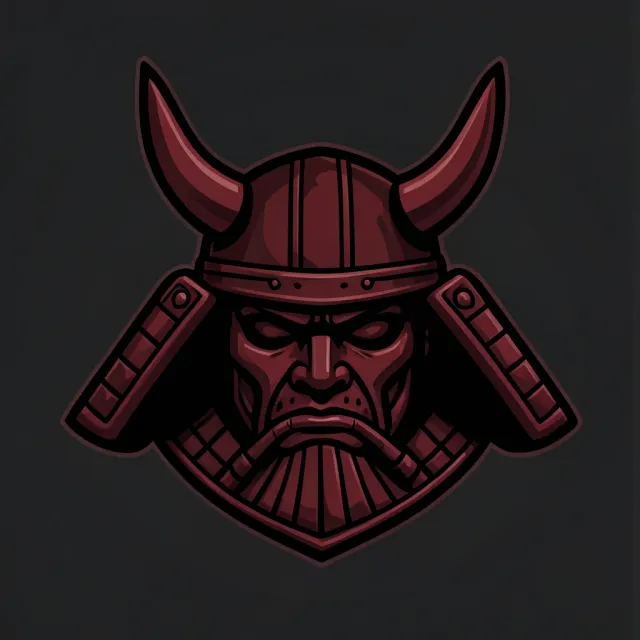 Bold stylized samurai kabuto helmet icon with dramatic horns in deep red and black on dark background