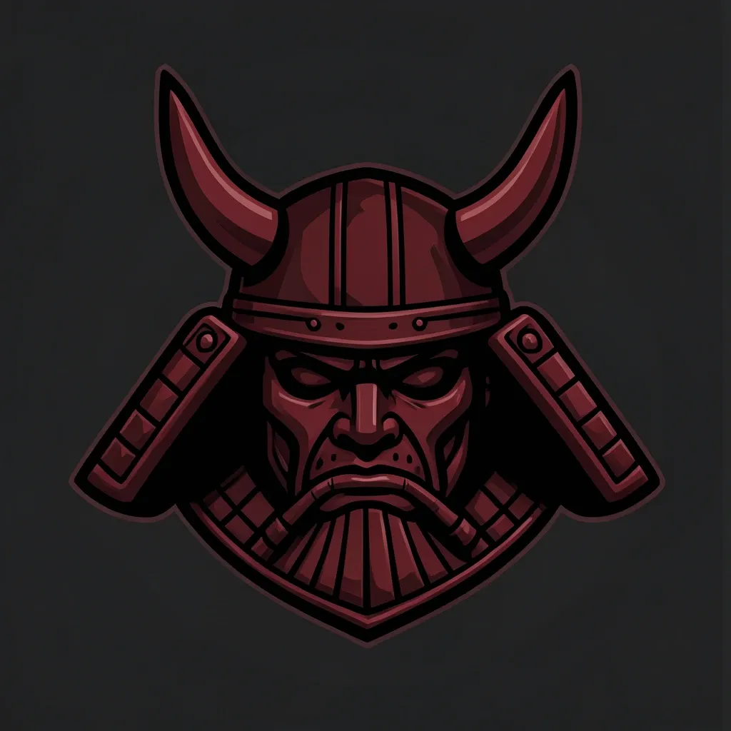 Bold stylized samurai kabuto helmet icon with dramatic horns in deep red and black on dark background