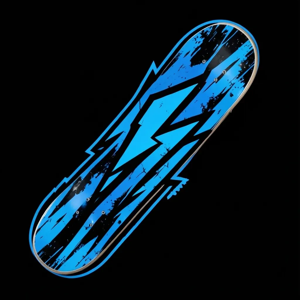 Bold skateboard deck logo with lightning bolt graphic in electric blue and black on dark background