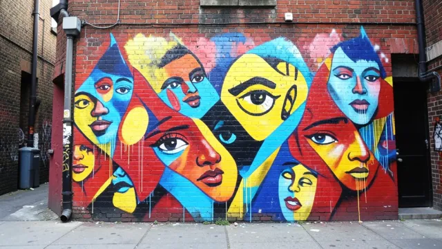 Colorful street art mural with abstract shapes and stylized faces on a brick wall in an urban alley