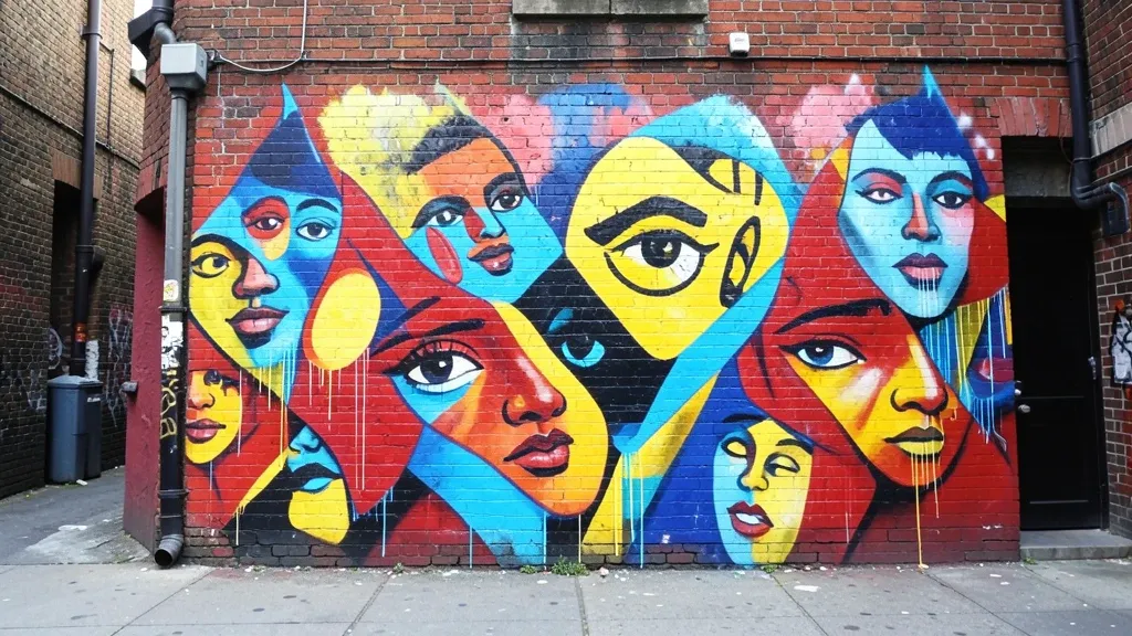 Colorful street art mural with abstract shapes and stylized faces on a brick wall in an urban alley