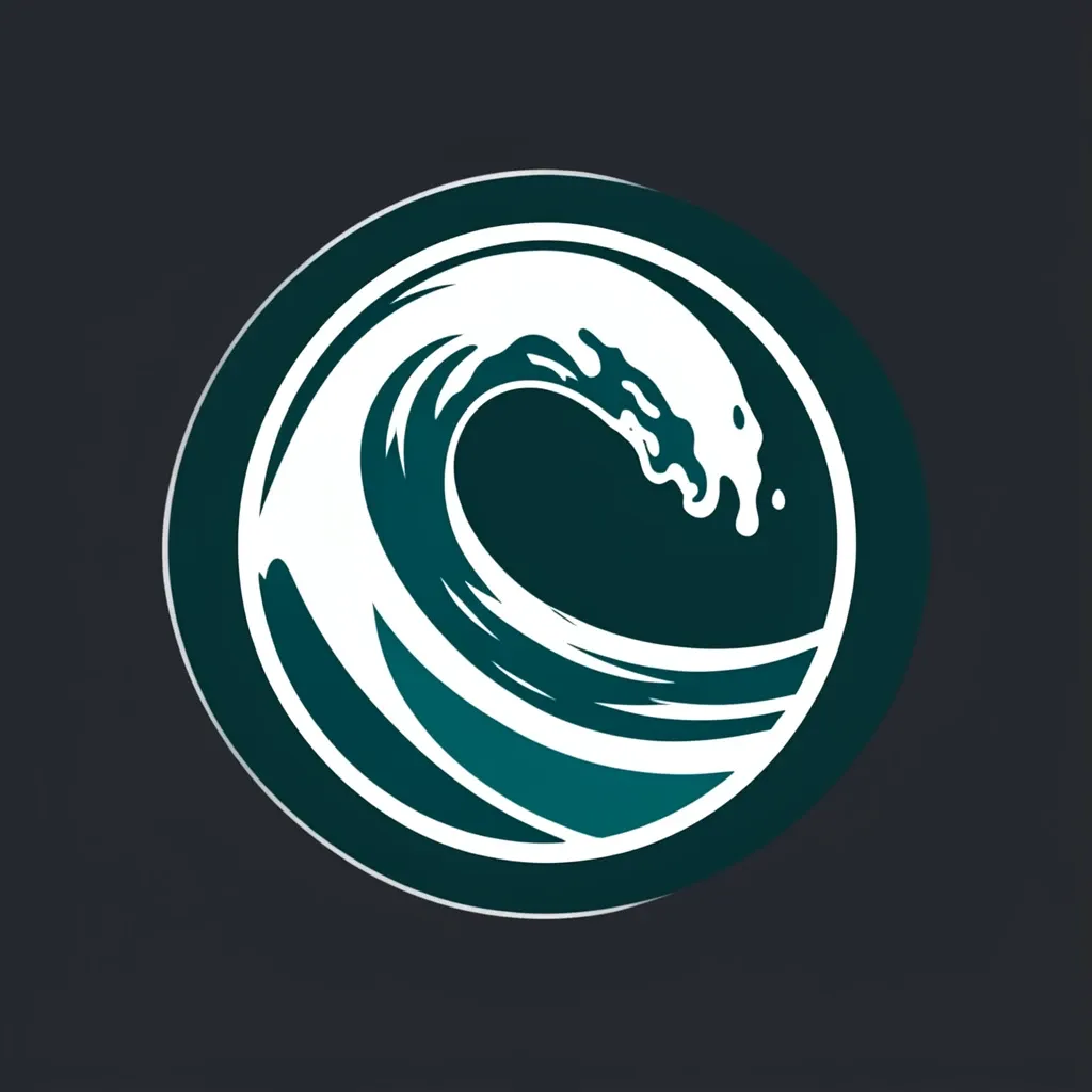 Bold circular surf brand badge with powerful curling wave in deep teal and white