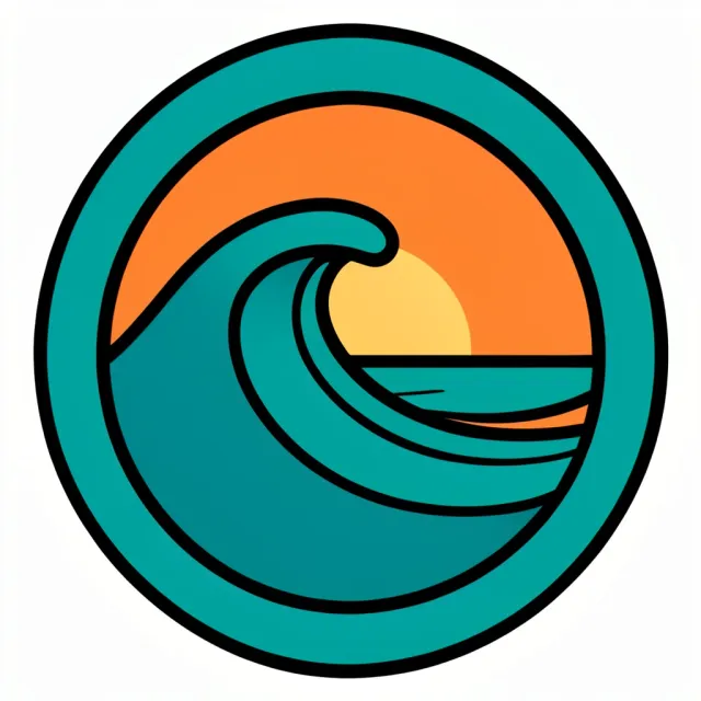Bold circular surfboard logo badge with a stylized wave and setting sun in teal and orange