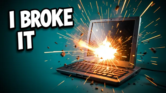 A bold-text exploding computer YouTube thumbnail — AI-generated example render
