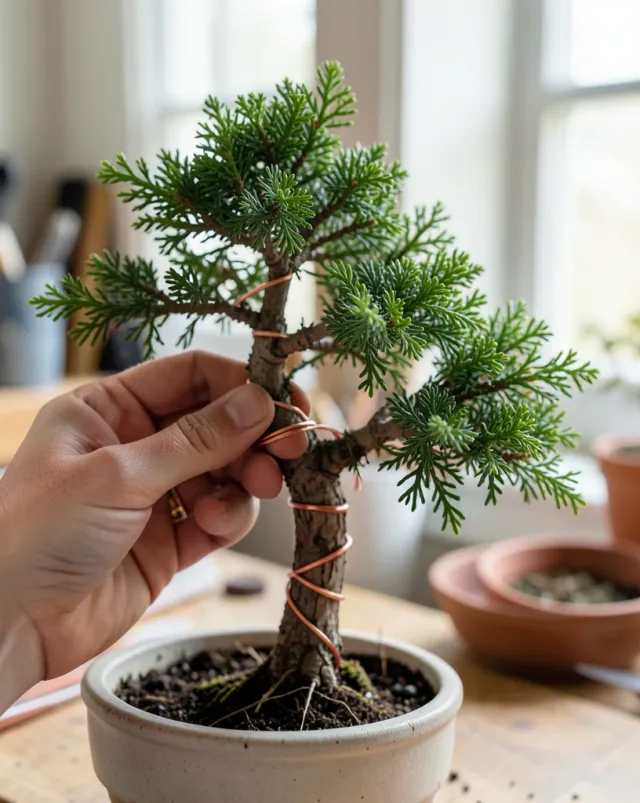Hands wrapping copper wire around a juniper bonsai branch with spaced foliage pads