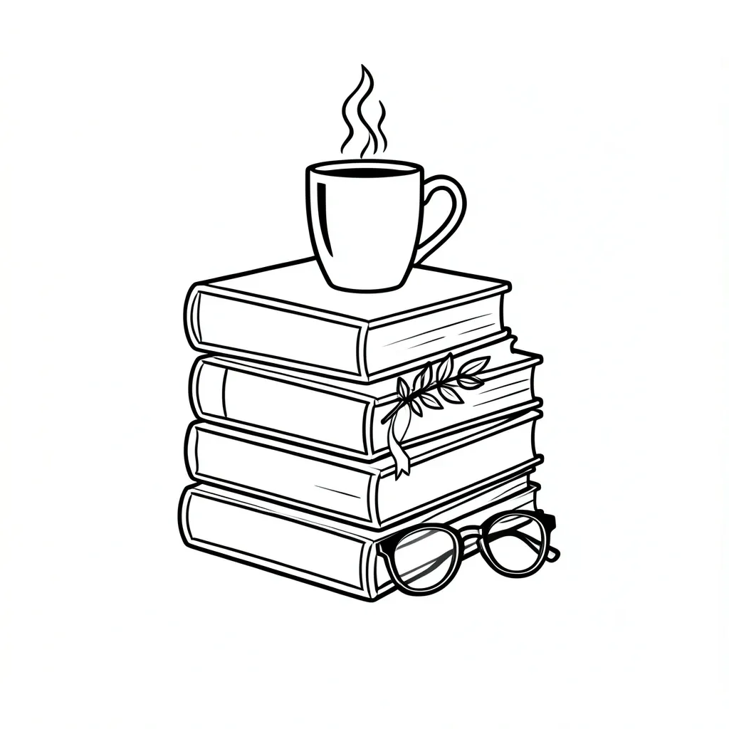 Line-art t-shirt graphic of a leaning stack of books with a mug and reading glasses