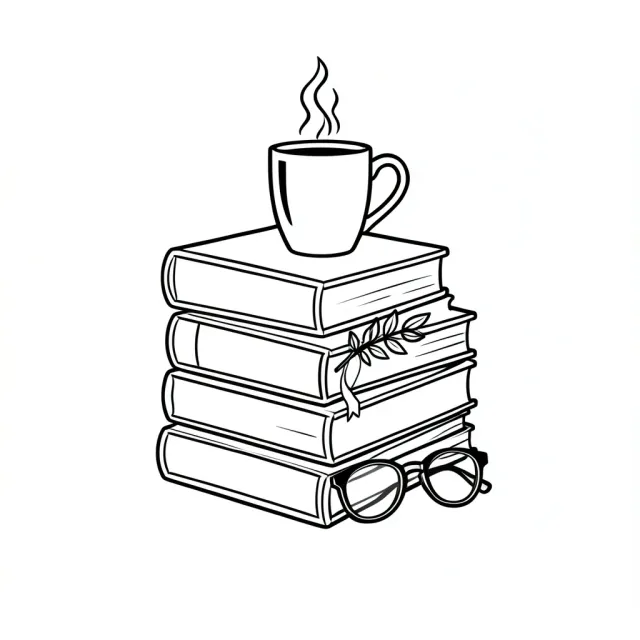 Line-art t-shirt graphic of a leaning stack of books with a mug and reading glasses