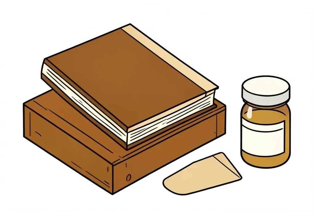 A flat illustration of a book block clamped in a wooden press with a bone folder and glue pot.