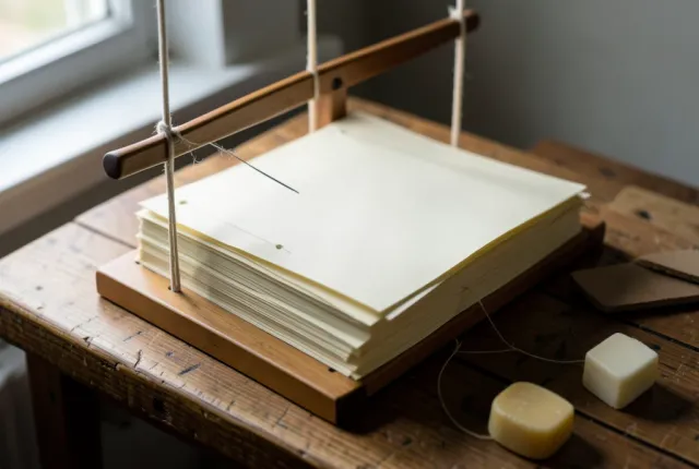 Bookbinding sewing frame with linen cords, pierced signatures and a needle mid-stitch in soft light
