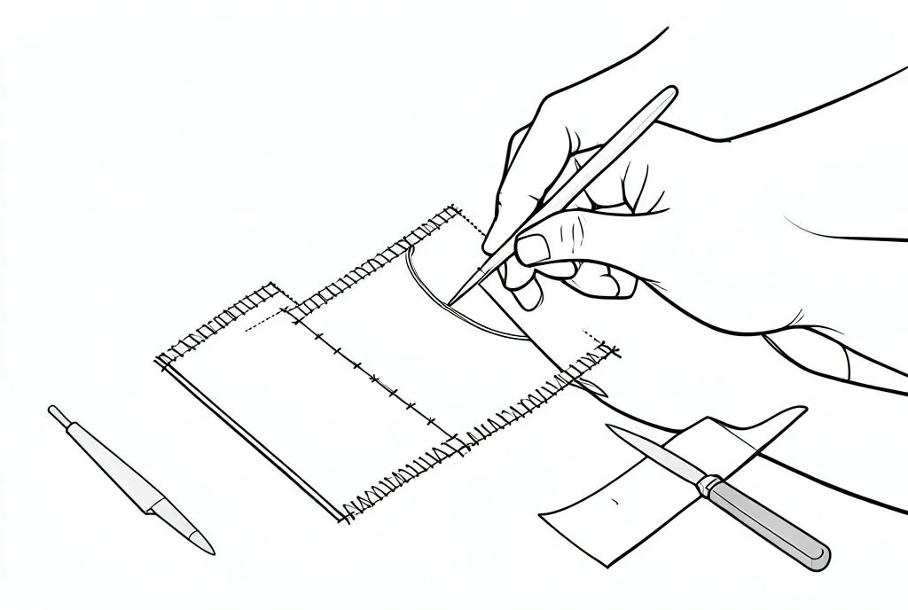 Black line art of hands sewing book signatures onto tapes with a curved needle