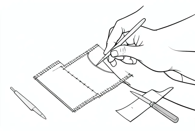 Black line art of hands sewing book signatures onto tapes with a curved needle