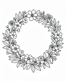 Black-and-white botanical wreath coloring page with clean bold outlines on pure white