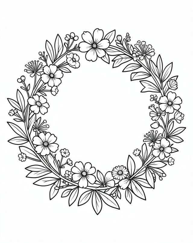 Black-and-white botanical wreath coloring page with clean bold outlines on pure white