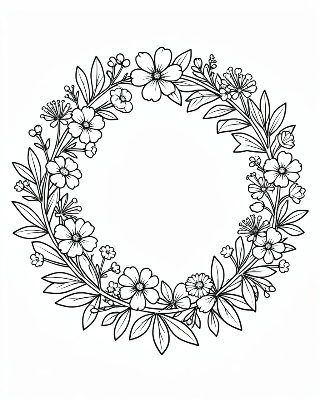 Black-and-white botanical wreath coloring page with clean bold outlines on pure white