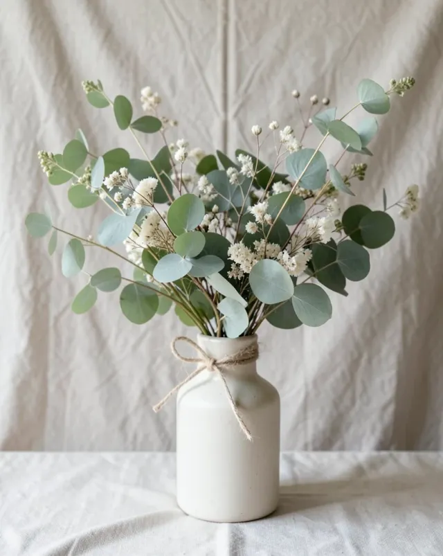 Sage eucalyptus stems and white dried flowers in a ceramic vase against linen with gentle side light