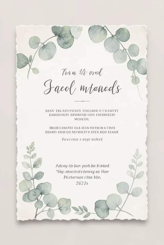 Elegant wedding invitation with watercolor eucalyptus leaves in sage and cream