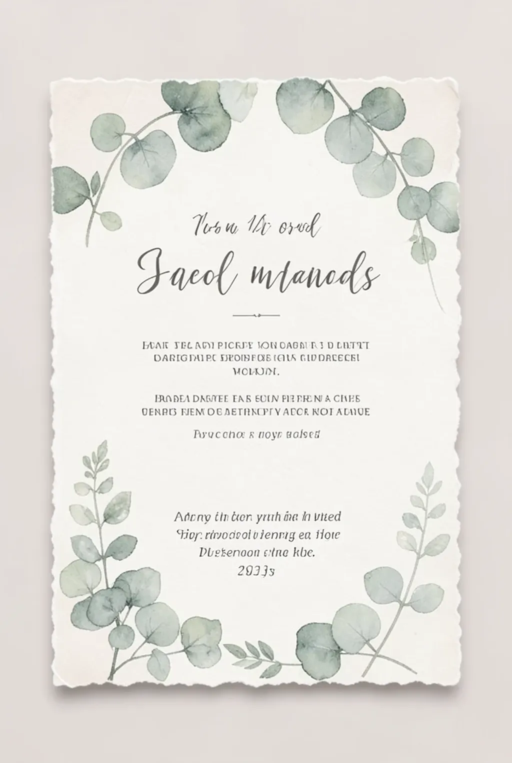 Elegant wedding invitation with watercolor eucalyptus leaves in sage and cream