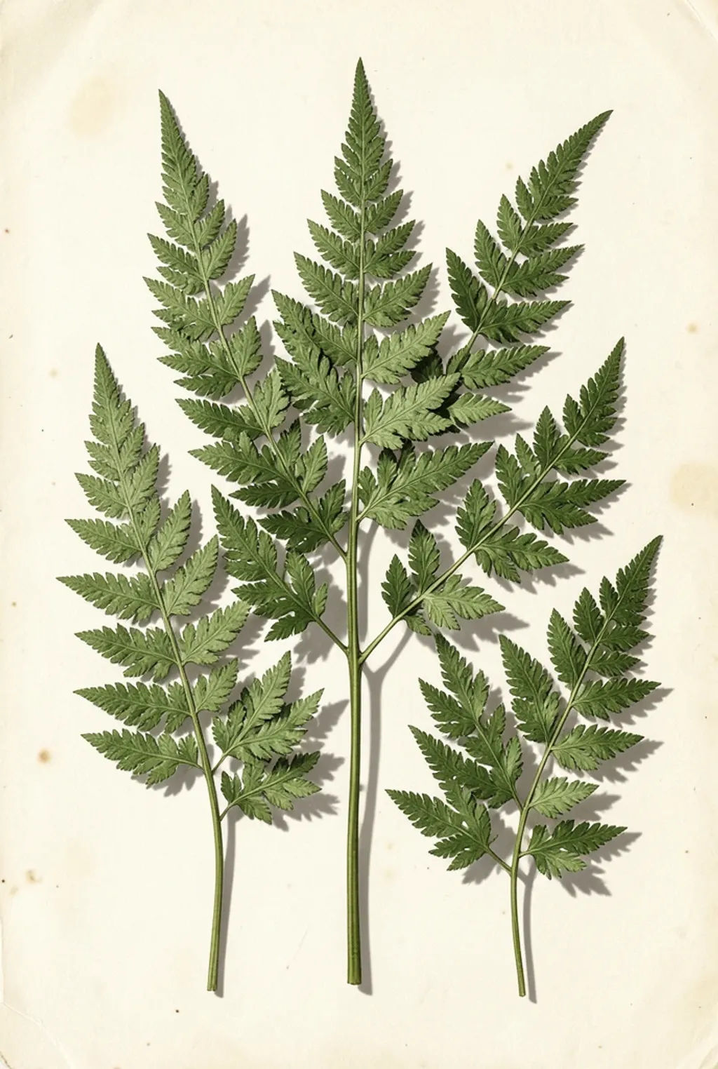 Detailed green fern fronds arranged on cream paper with delicate shadow play in vintage botanical style