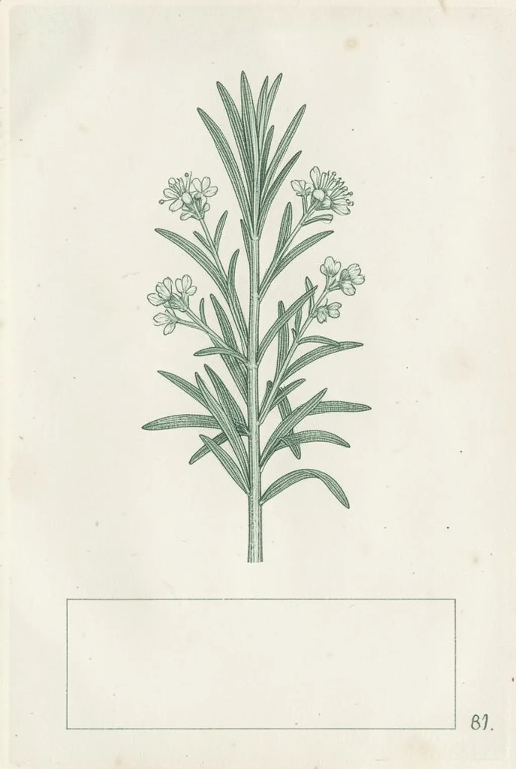 A vintage botanical engraving of a rosemary sprig in sage ink on aged cream paper