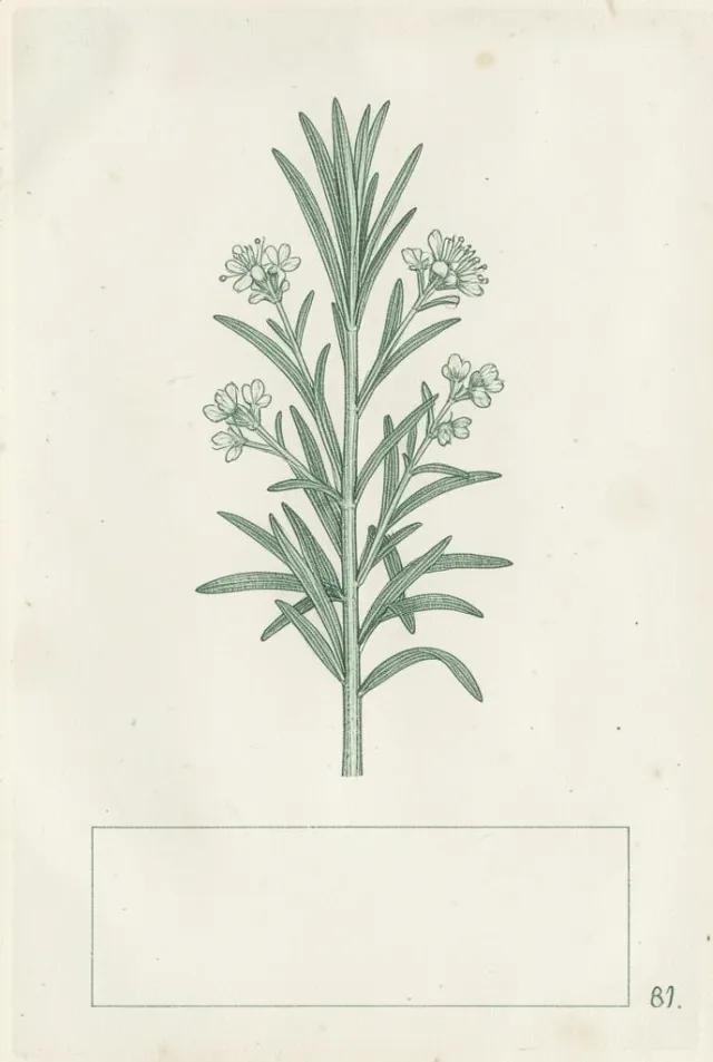 A vintage botanical engraving of a rosemary sprig in sage ink on aged cream paper