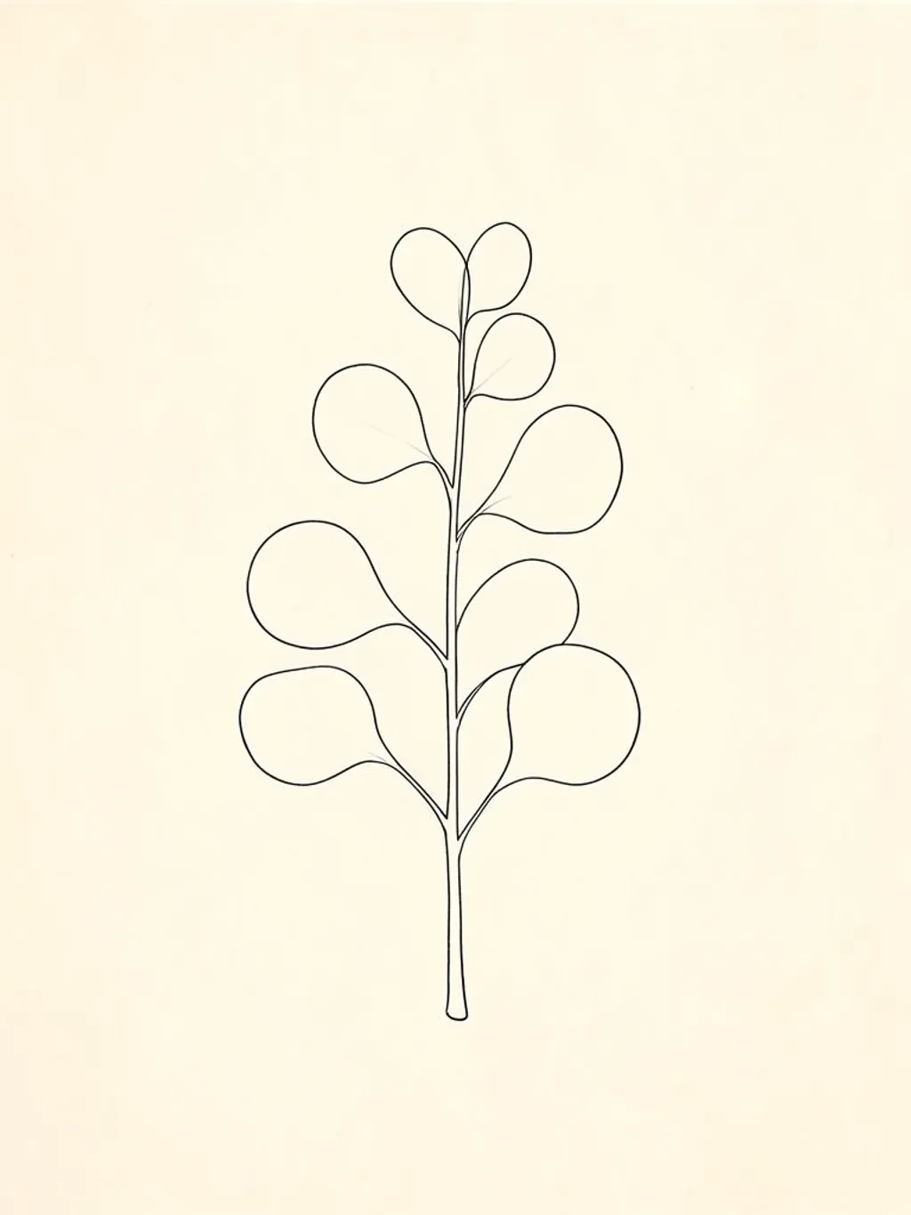 A single-line eucalyptus stem drawing on off-white paper