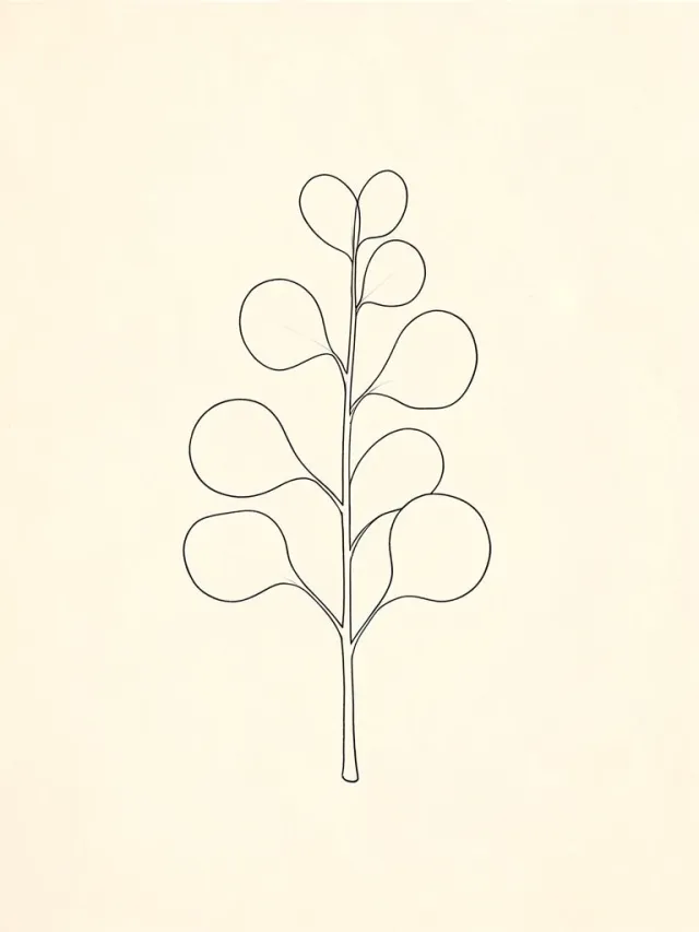 A single-line eucalyptus stem drawing on off-white paper