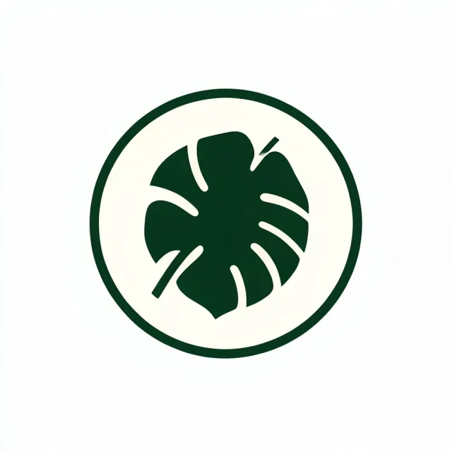 Botanical monstera leaf logo in emerald and cream inside a thin circle on white background