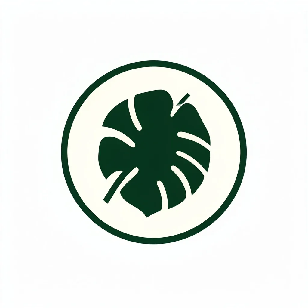 Botanical monstera leaf logo in emerald and cream inside a thin circle on white background