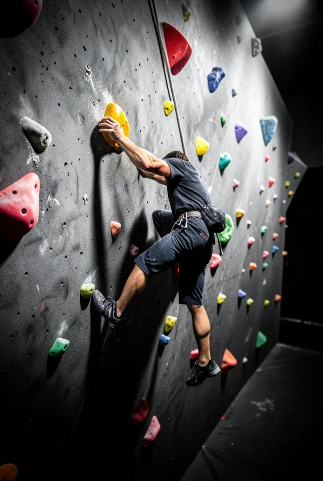 A climber reaching for a bright hold on a steep overhanging bouldering wall