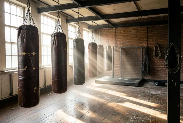 Old-school boxing gym with worn leather heavy bags in a row under shafts of dusty daylight
