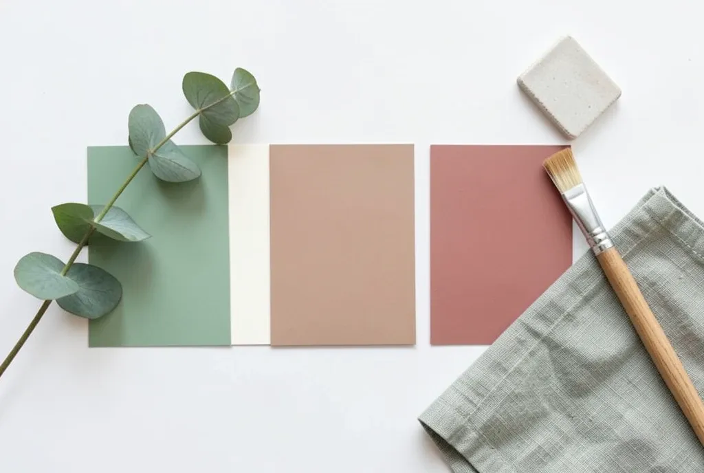 Brand color palette board with five paint swatches in sage cream taupe pink and terracotta with eucalyptus on white