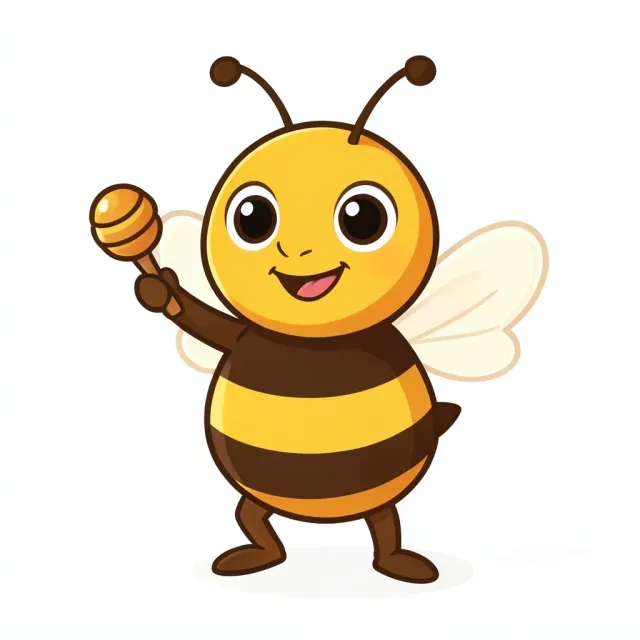 Brand mascot of a friendly cartoon bee holding a honey dipper in amber gold brown and cream on white