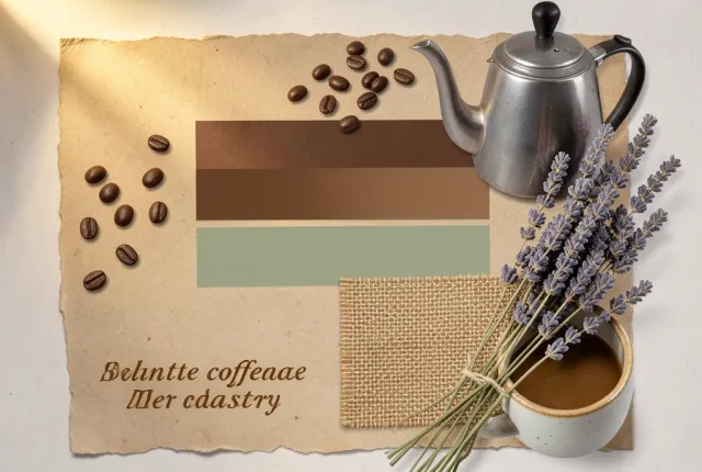 Brand mood board collage for a coffee roastery with beans kettle swatches and burlap in espresso brown cream and sage