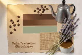 Brand mood board collage for a coffee roastery with beans kettle swatches and burlap in espresso brown cream and sage