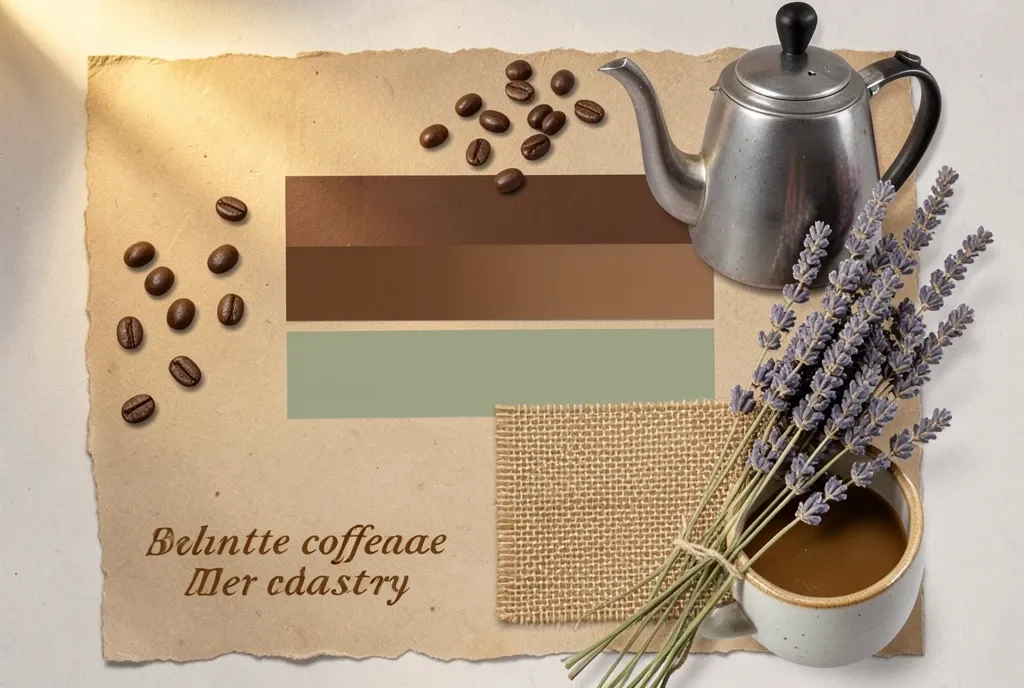 Brand mood board collage for a coffee roastery with beans kettle swatches and burlap in espresso brown cream and sage