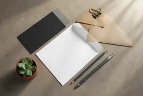 Brand stationery mockup with business card letterhead envelope and succulent on concrete in charcoal grey kraft and sage