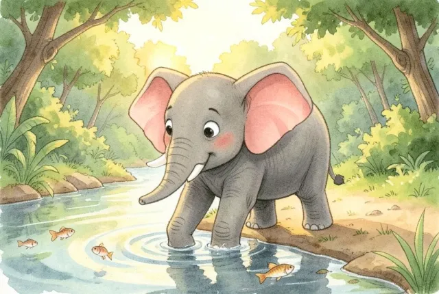 Children's book illustration of a young elephant testing river water with one foot, fish below and jungle beyond