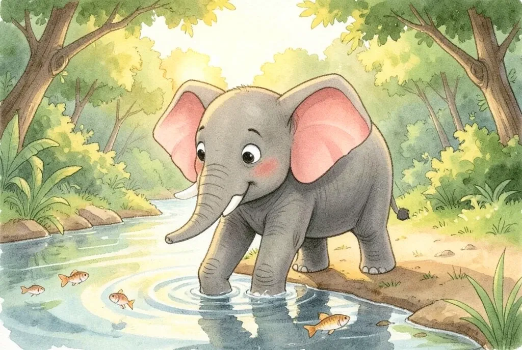 Children's book illustration of a young elephant testing river water with one foot, fish below and jungle beyond
