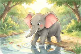 Children's book illustration of a young elephant testing river water with one foot, fish below and jungle beyond