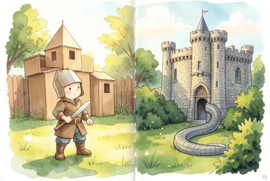 Children's book illustration of a child in cardboard knight helmet with wooden sword, backyard becoming fantasy castle