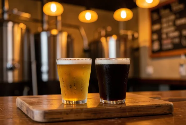 A beer flight of four tasting glasses on a wooden paddle in a craft taproom