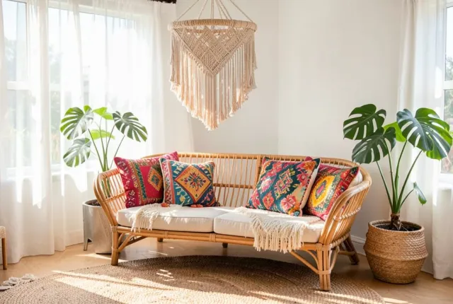Bright bohemian living room with rattan sofa, colorful cushions, macrame, and monstera plant