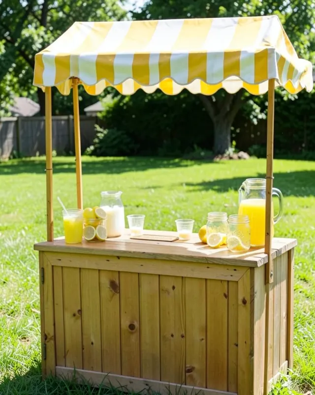 Cheerful lemonade stand with striped awning, glass pitcher, lemons, and mason jars on a sunny lawn