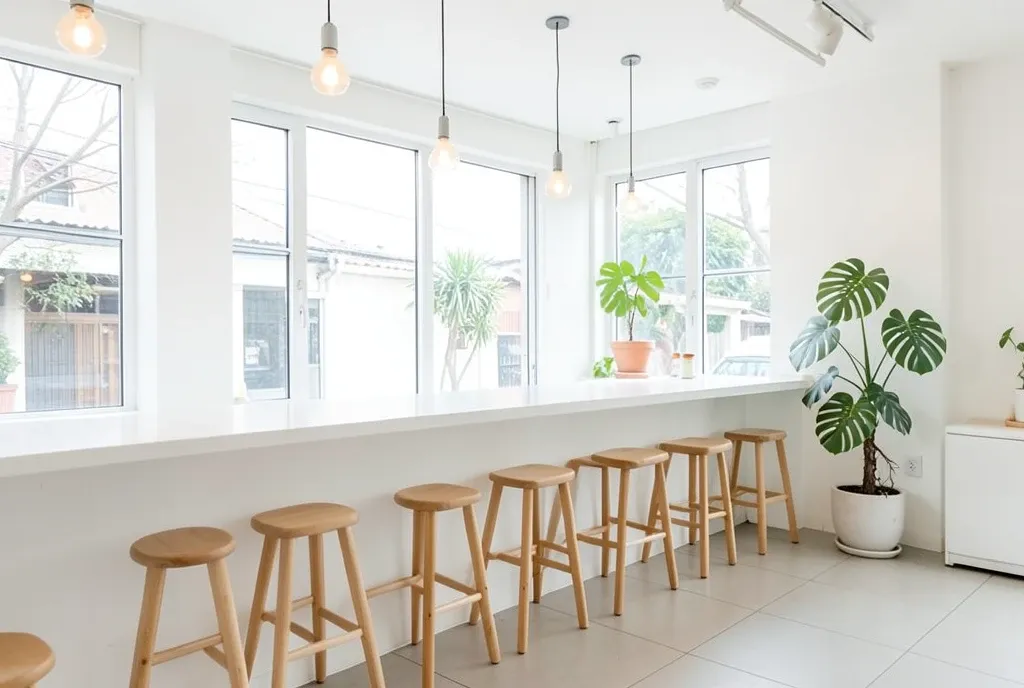 Bright minimalist cafe interior with long white counter, wooden stools, large window, and potted monstera