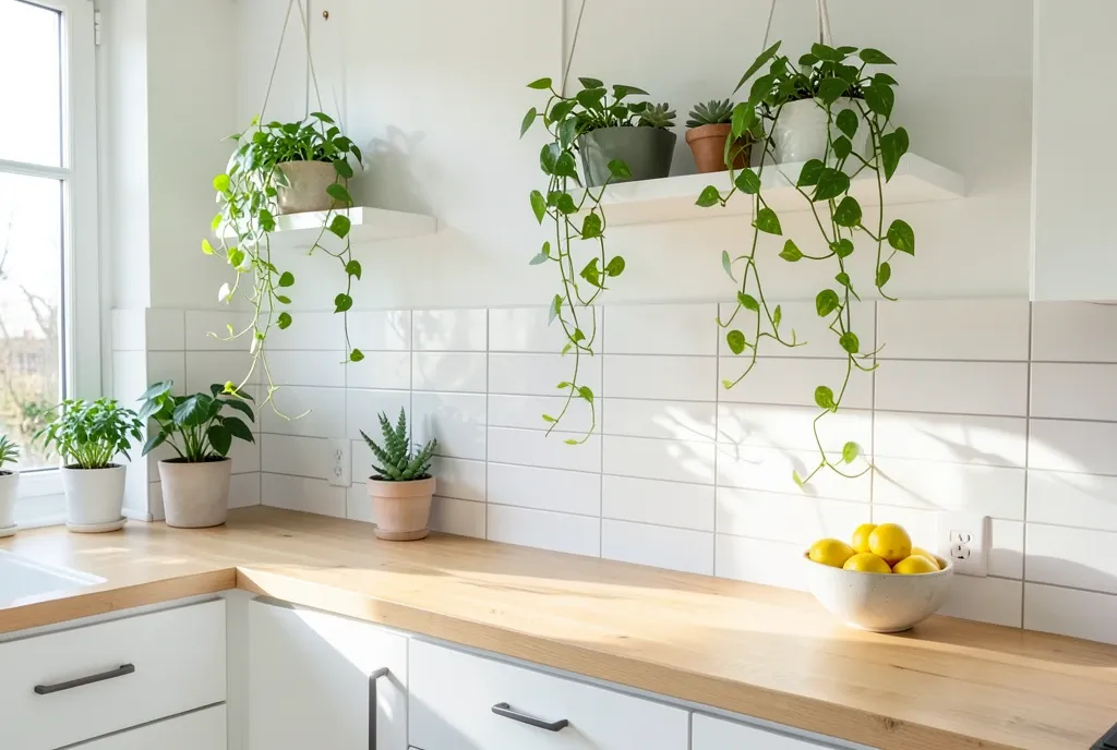 Bright Scandinavian kitchen with white cabinets, oak counters, hanging plants, and morning sunlight