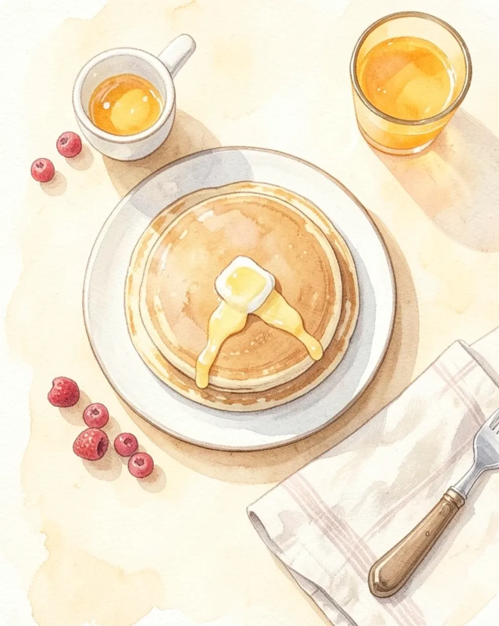Overhead storybook illustration of a brunch table with pancakes, egg and berries