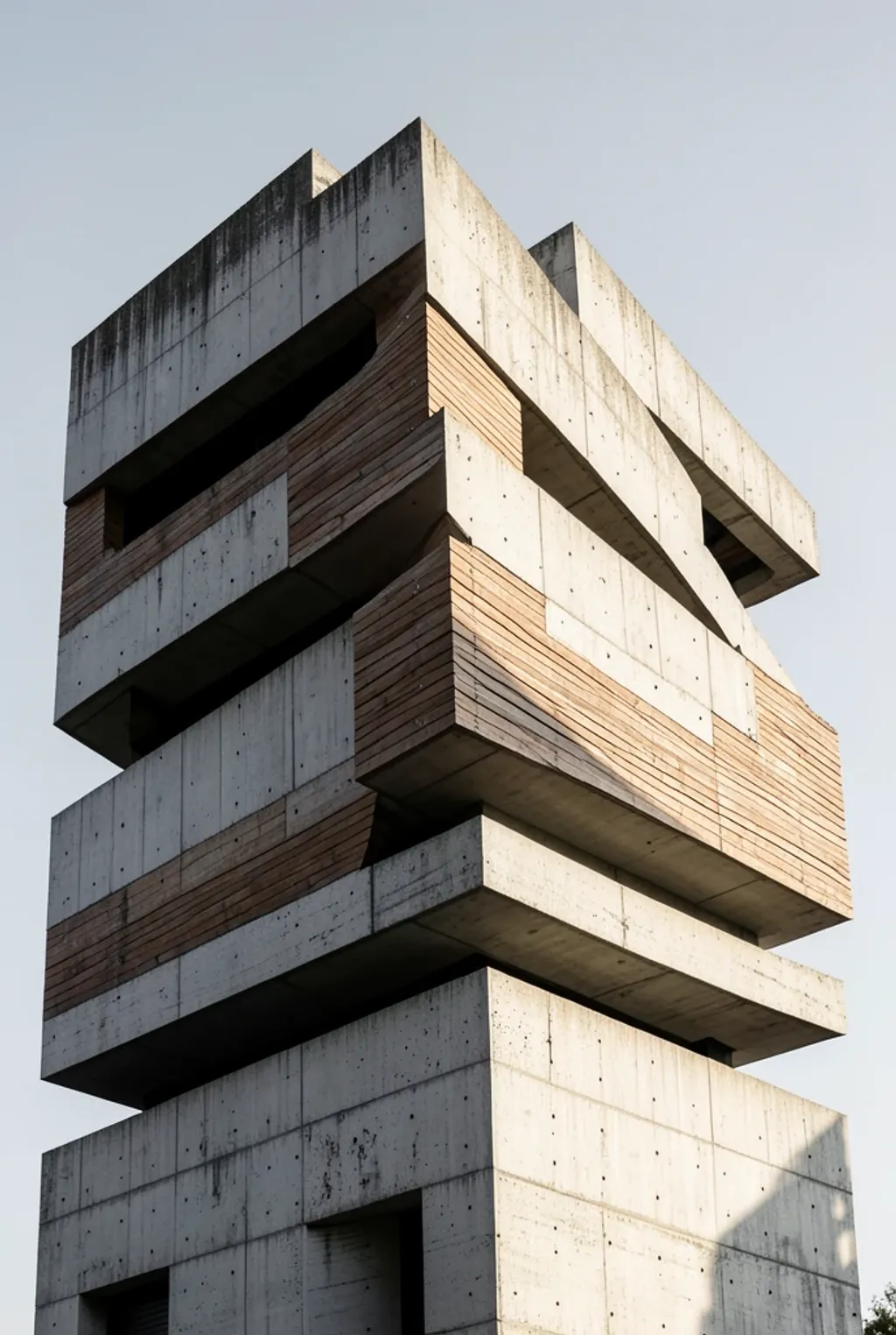 Brutalist concrete building with board-marked surfaces, recessed window voids and hard shadow